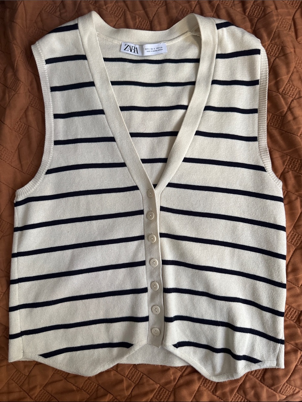 Zara | Cream and Navy Striped Button-Front Knit Vest